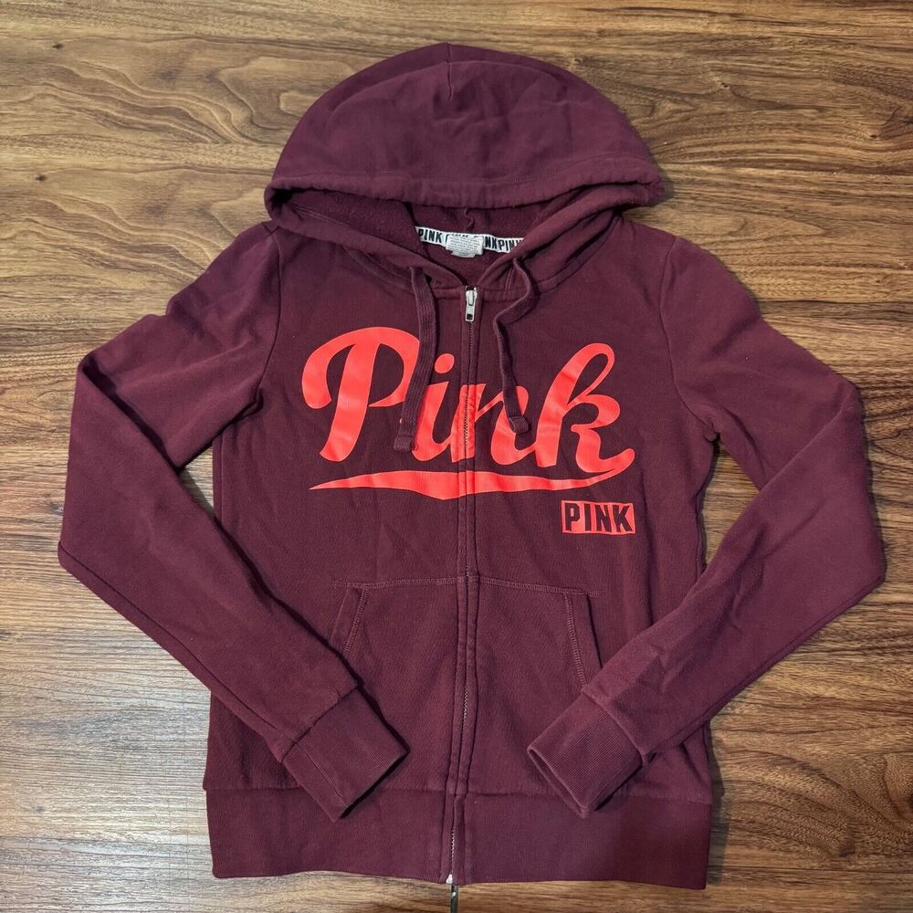 Victoria Secret PINK Full Zip Hoodie Purple Drawstring Sweater Women's Size XS